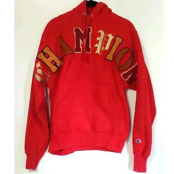 Champion hoodie with logo patches mens size small red‎ thick cotton material - Picture 1 of 7